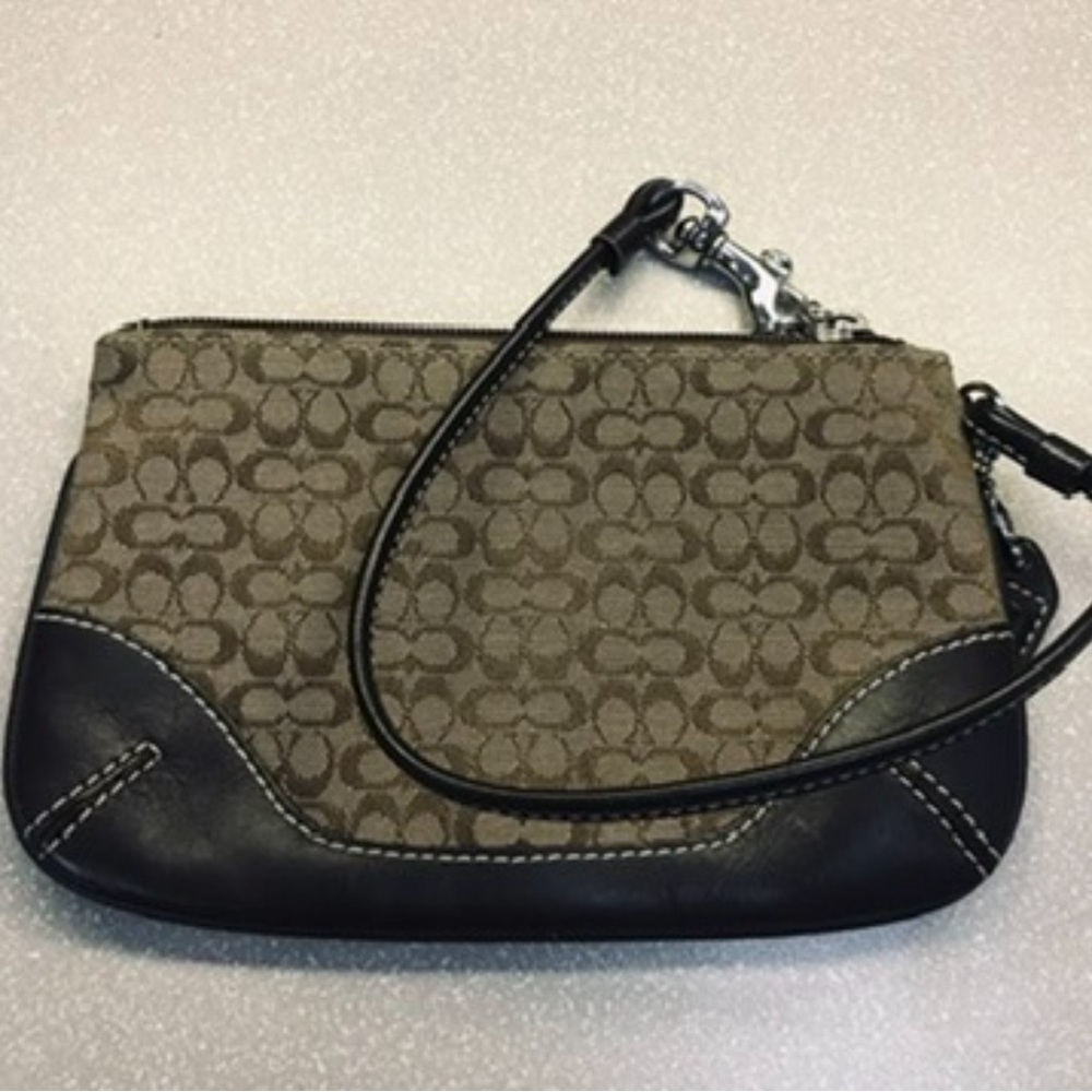 Vintage Y2K Coach Signature Jacquard Wristlet — Brown & Black Leather Trim
